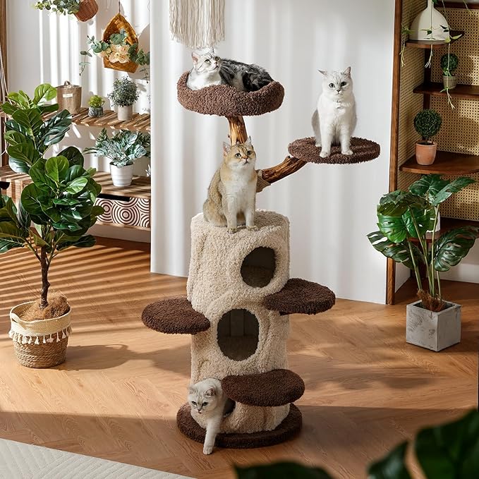 54.7'' Tall Modern Wood Cat Tree with 3 Level House, Luxury Cat Tower for Home Decoration, Large Cat Condo for Multi-Cat Families-PurrikoPets