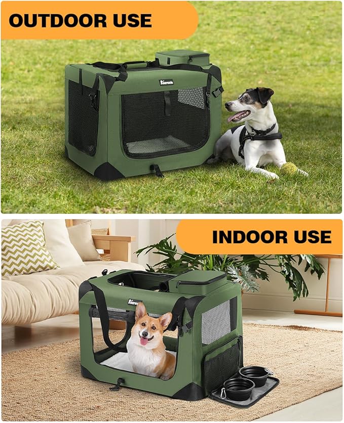 Extra Large Dog Crate with 2 Foldable Bowl, 36 Inch Collapsible Travel Dog Crate Kennel with Soft Blanket for Medium Dogs,Indoor & Outdoor (36" L x 25" W x 25" H, Green)-PurrikoPets