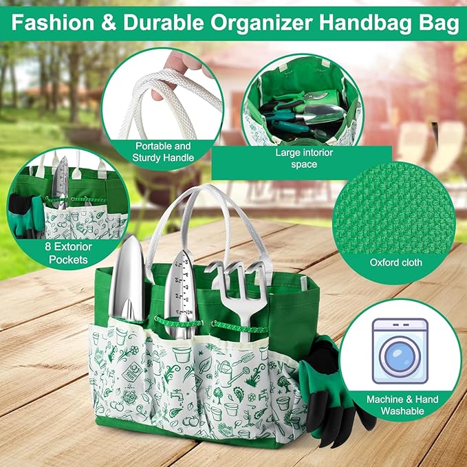 Garden Tool Set for Women, 12pcs Heavy Duty Gardening Tools, Cute Gardening Supplies Gifts for Women Mom, Garden Hand Tools with Fashion Organizer Handbag, Garden Tools for Gardening, Planting, Green-PurrikoPets