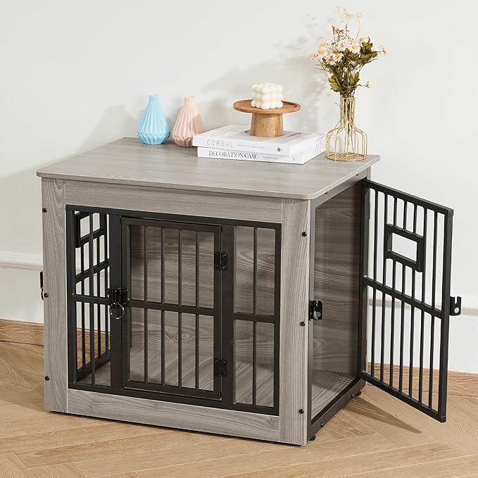 Gardner Pet Dog Crate Furniture for Small Dog, 27.2 Inches Dog Kennel Indoor, Wooden Dog Cage End Table, Heavy Duty Dog Crates, Rustic Grey-PurrikoPets