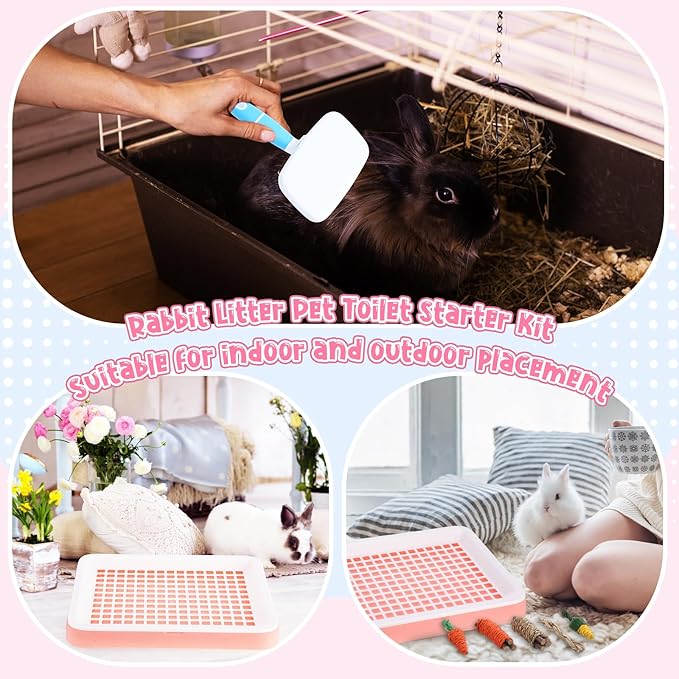 19 Pcs Rabbit Starter Kit Small Bunny Litter Box Rabbit Grooming Kit Water Bottle Bunny Toys Hay Feeder Bowl Blankets with Cleaning Set for Guinea Pig Accessories (Pink-White,Strawberry Bear)-PurrikoPets