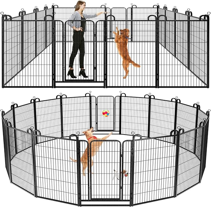 Dog Playpen Outdoor 16 Panels Heavy Duty Dog Fence 47" Height Anti-Rust with Doors Portable for RV Camping Yard, Total 36FT, 103 Sq.ft, Snowy Black-PurrikoPets