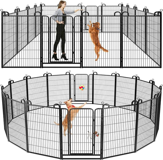 Dog Playpen Outdoor 16 Panels Heavy Duty Dog Fence 47" Height Anti-Rust with Doors Portable for RV Camping Yard, Total 36FT, 103 Sq.ft, Snowy Black-PurrikoPets