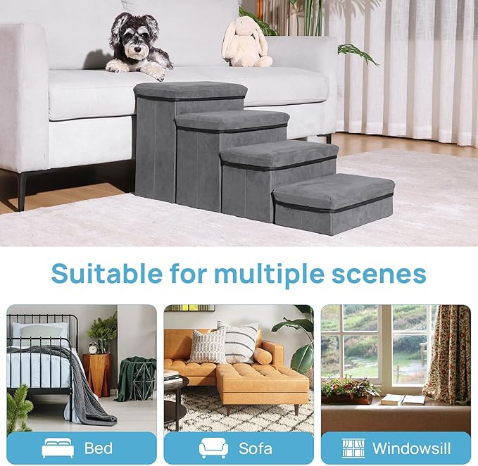 Foldable Dog Stairs 4 Tier Pet Steps, for Small Medium Dogs Pet Steps Storage Stepper for High Beds Sofa (4 Step)-PurrikoPets