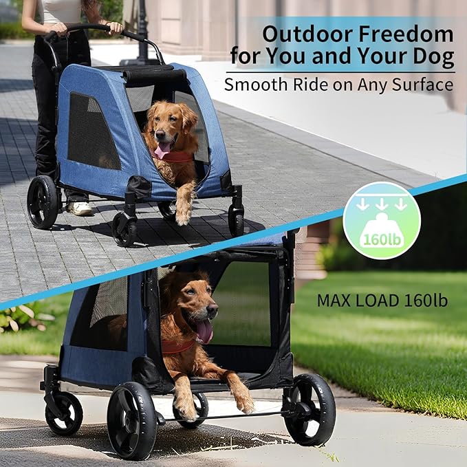 EchoSmile Heavy-Duty Large Dog Stroller with Shock-Absorbing Wheels, Foldable Pet Travel Carrier for Medium & Large Dogs, 5 Mesh Windows, 160 lbs Capacity, Easy Assembly & Storage-PurrikoPets