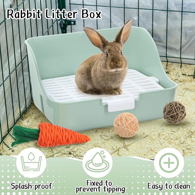 15 Pcs Rabbit Starter Kit Small Rabbit Litter Box Animal Grooming Kit Bunny Toys Bowl Blankets with Cleaning Set for Guinea Pig Accessories(Green)-PurrikoPets