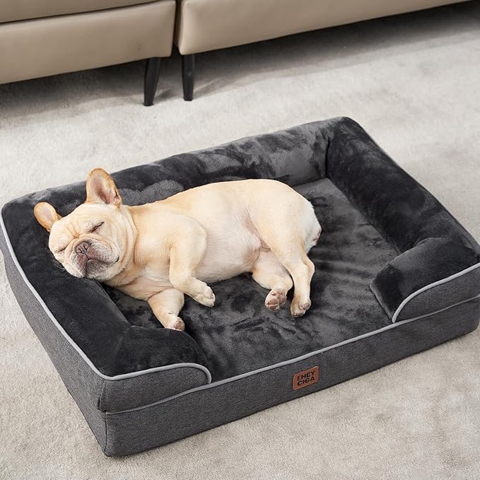 EHEYCIGA Orthopedic Dog Beds for Large Dogs, Waterproof Memory Foam Large Pet Bed with Sides, Non-Slip Bottom and Egg-Crate Foam Dog Couch Bed with Washable Removable Cover, Dark Grey-PurrikoPets