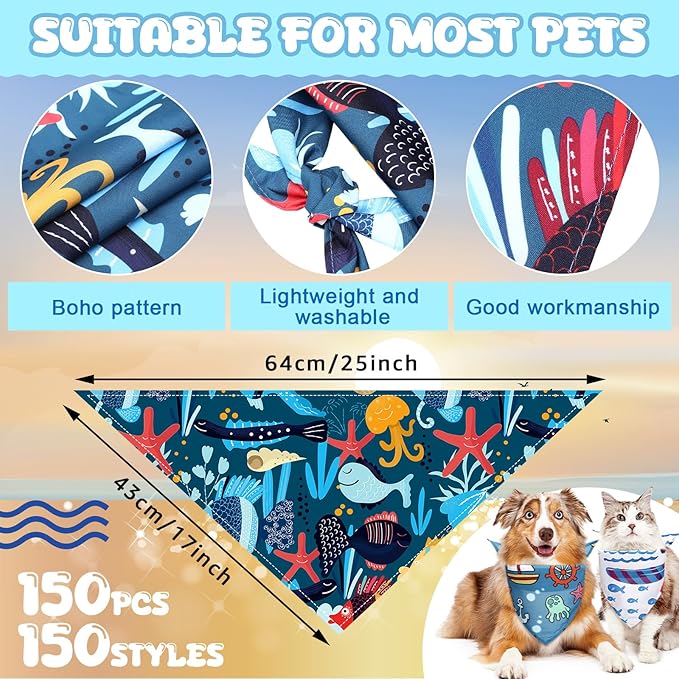 100 Pcs Dog Bandanas Bulk Pet Bibs Colorful Triangle Scarf Pet Bandanas for Medium Large Dogs Spring Summer Birthday Costume Decoration (Ocean Theme)-PurrikoPets
