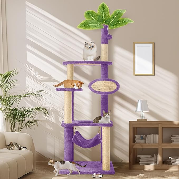 55 Inch Large Cat Tree Tower for Indoor Cats with Hammock Green Leaves Sisal Scratching Post, Plush Hang Ball Play Furniture for Kittens & Adult Cats, New Purple-PurrikoPets