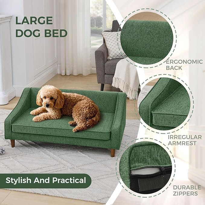 Dog Sofa Couch for Medium to Large Dogs, Durable Pet Sofa with Washable Fabric, Elevated Mini Dog Bed with Wooden Legs for Medium and Large Dogs, Dark Grey-PurrikoPets