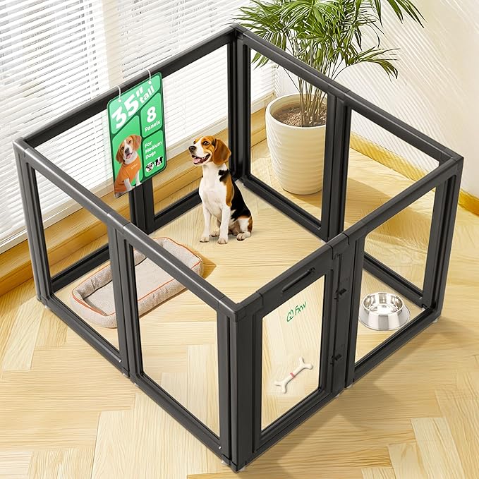 FXW AuraSpace Acrylic Indoor Unleashed Dog Playpen for Medium Dogs, 35 Inch, 8 Panels, Black-PurrikoPets