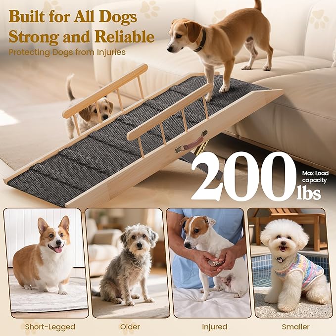 Dog Ramp for Bed Couch, Pet Ramp for Small Medium Old Dogs Cats with 10 Adjustable Heights from 5.91" to 19.69", 47" Long Portable Non-Slip Dog Bed Ramp for High Bed, Couch, Hold up to 200 LBS-PurrikoPets
