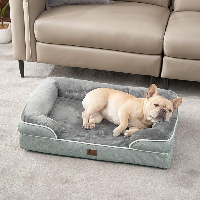 EHEYCIGA Orthopedic Dog Beds for Large Dogs, Waterproof Memory Foam Large Pet Bed with Sides, Non-Slip Bottom and Egg-Crate Foam Dog Couch Bed with Washable Removable Cover, Greyish Green-PurrikoPets