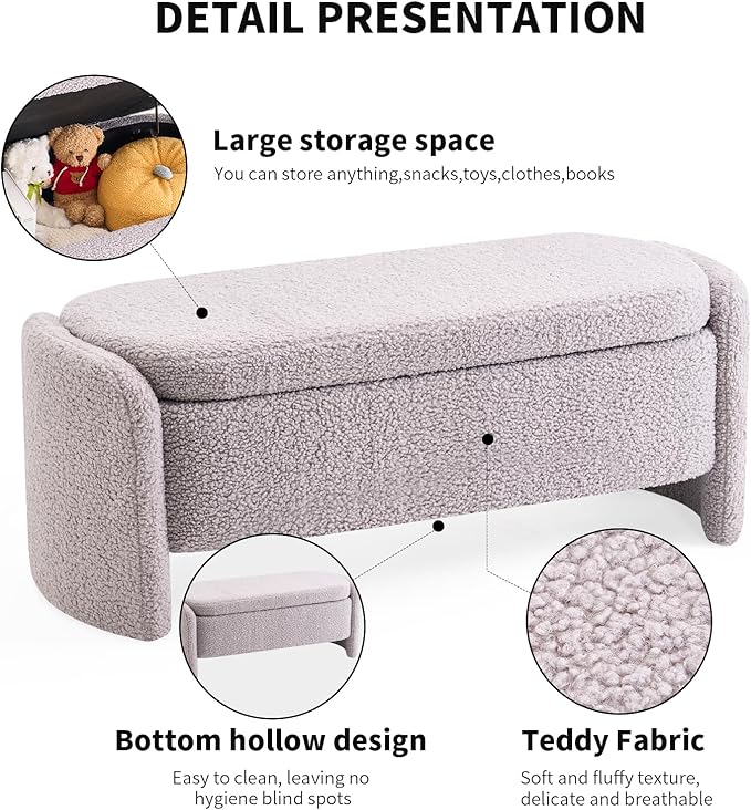 48 Inch Lamb Fleece Oval Storage Bench Upholstered Ottoman Bench with Storage, Bedroom Bench with Large Storage Space, for Bedroom Living Room Entryway, Grey-PurrikoPets