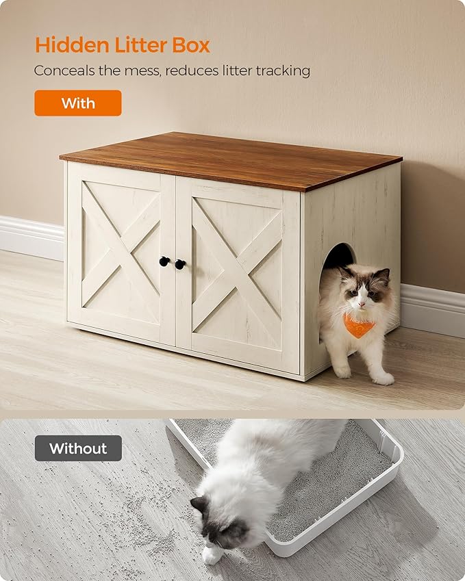 Feandrea Cat Litter Box Enclosure, Litter Box Furniture Hidden with Removable Divider, Indoor Cat House, End Table, 31.5 x 20.9 x 19.7 Inches, Honey Brown and Rustic White UPCL002P01-PurrikoPets