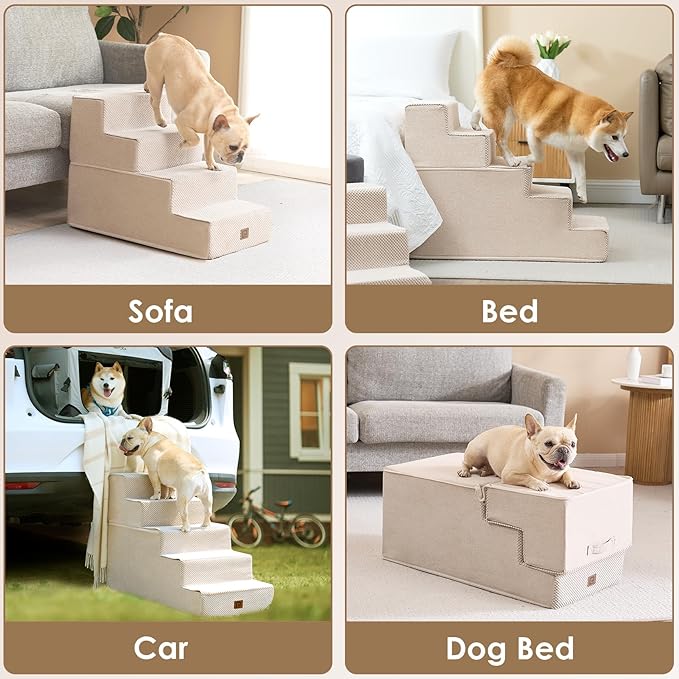 EHEYCIGA Dog Stairs for High Bed 22.5" H, 5-Step Dog Steps for Bed, Pet Steps for Small Dogs and Cats, Non-Slip Balanced Pet Ramp Indoor, Beige-PurrikoPets
