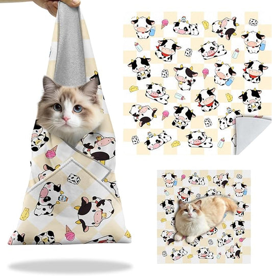 27.6" Cat Grooming Wrap, Self Adhesive Cat Wrap for Cutting Nails, Anti-Escape Calming Cat Swaddle Wrap for Medicine Ear Cleaning, Cartoon Cow Anti-Scratch Cats Burrito Restraint Blanket, Pet Tool-PurrikoPets