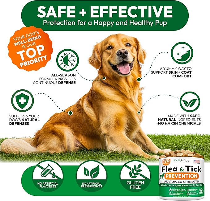 Flea and Tick Prevention for Dogs Pills - Natural Dog Flea & Tick Control - 170 Soft Chewables - Oral Defense Treatment for Dogs Supplement - Vet Formulated Chews - All Breeds & Ages - Made in USA-PurrikoPets