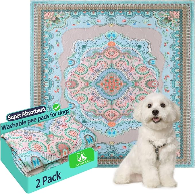 Aitmexcn Washable Pee Pads for Dogs, Reusable 24’’x 48’’ Waterproof Boho Mats for Puppy, Guinea Pig, Rabbit,Highly Absorbent,Ultra Soft, Non-Slip,Machine Washable,Stylish Design,2 Pack-PurrikoPets