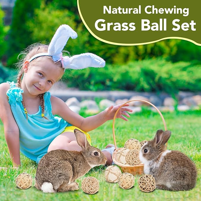 8 Pack Small Pet Chew Toys - 7cm Natural Woven Balls for Rabbits, Guinea Pigs, Hamsters (2 Seagrass, 2 Rattan, 2 Corn Husk, 2 Seaweed Rope) - Safe Dental Grinding Toys-PurrikoPets