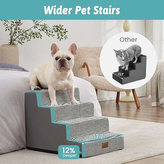 Dog Stairs for Small Dogs, 4 Tier Wider Pet Stairs for Couch and Beds, 17.7" H Non-Slip Dog Steps for Old Cats, Puppy, Small Medium Dogs, 17.7x23.6x17.7 inch, White Black-PurrikoPets