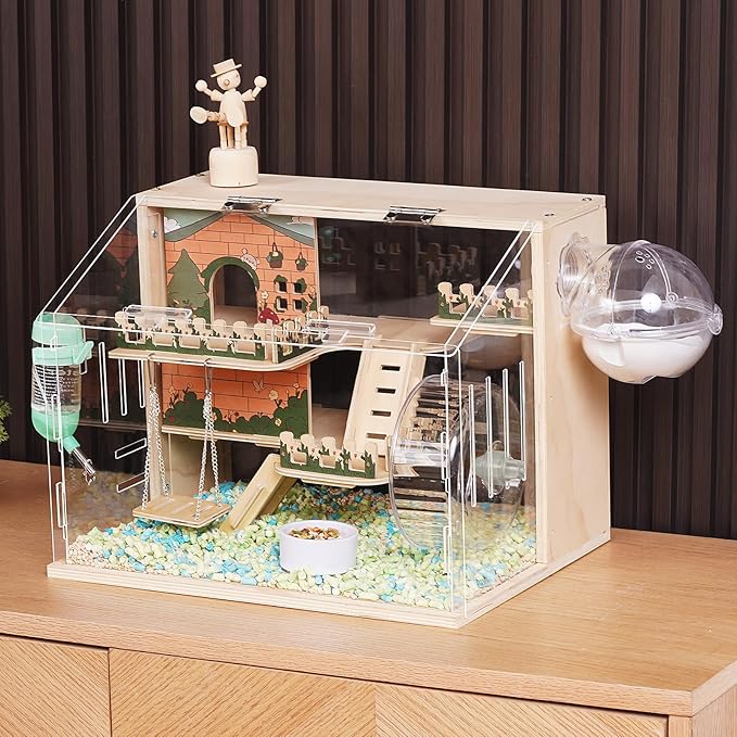11 in 1 Wooden Hamster Cage with All Accessories, 15.8 Inch 3-Layer Dwarf Hamster Cage Acrylic,Small Animal Cages, Pastoral Style Mouse Cage for Pet Mice, Hedgehog, with Stairs, Fences and Swing-PurrikoPets