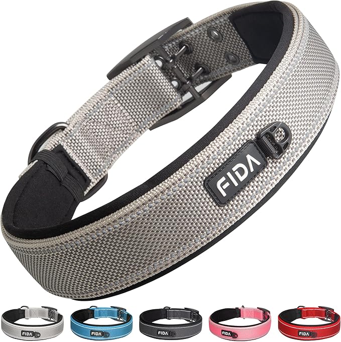 Fida Heavy Duty Dog Collar 1.5” Width, Ultra Soft Neoprene Padded, Adjustable Reflective Nylon Pet Collar with Two Metal Pin Belt Buckle for Large/X-Large Breeds (XL, Grey)-PurrikoPets