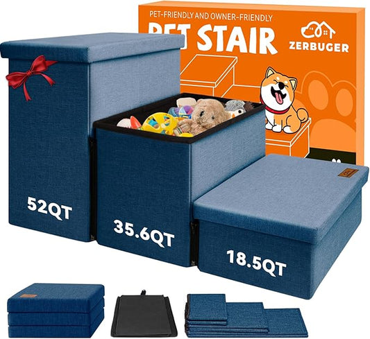 Dog Stairs with Storage 18" H, 3-Step Wider Dog Steps for Small/Medium/Large Dogs Cats, Folding Sturdy Pet Stairs Climbing Bed or Sofa, Ramp for Car Hold Up to 200 lbs (Navy Blue, No Condo)-PurrikoPets