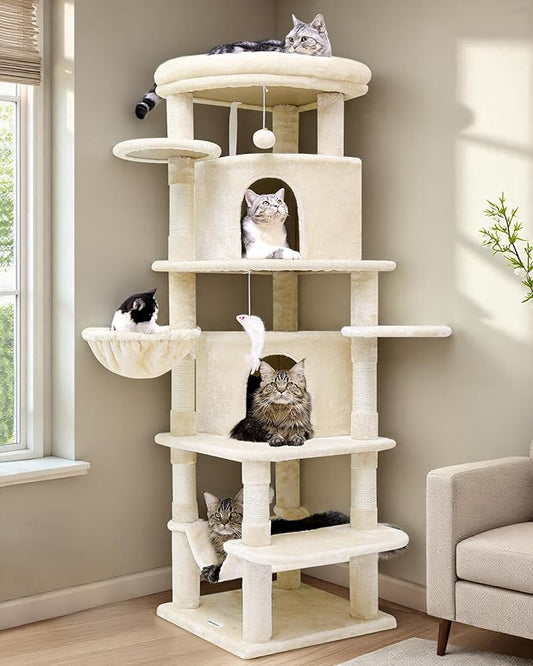 Globlazer Corner Cat Tree for Large Cats, 66inch Tall Curved Series Large Cat Tower for Multiple Indoor Cats with 6 Scratching Posts, 2 Spacious Cat Condos, Hammock, Hanging Basket, C66, Beige-PurrikoPets