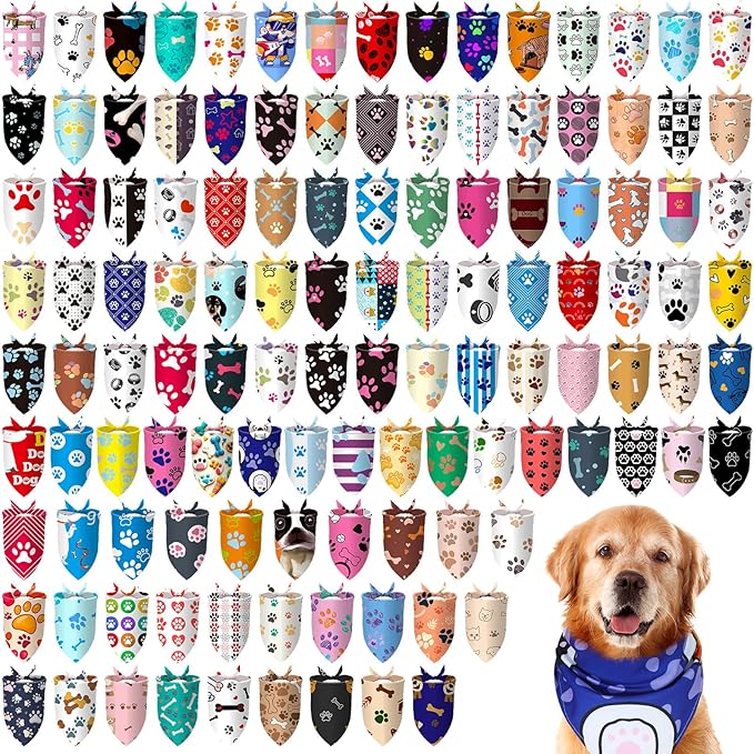 100 Pcs Paw Dog Bandanas Bulk Paw XL Pet Bandanas Colorful Triangle Pet Bibs Scarfs for Medium Large Dogs Spring Summer Birthday Holiday Costume Decoration-PurrikoPets