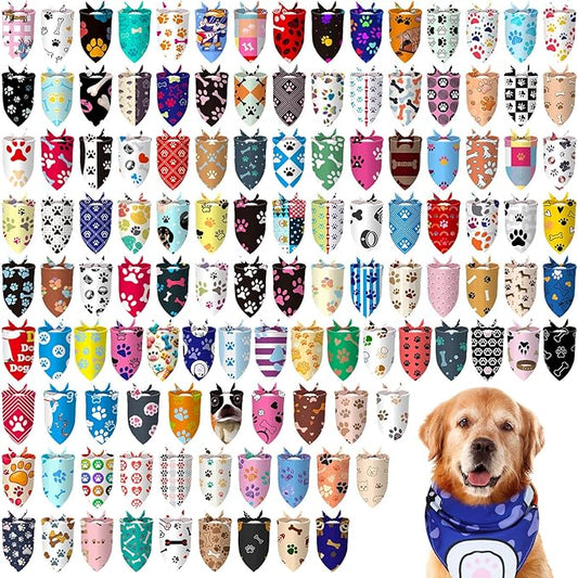 100 Pcs Paw Dog Bandanas Bulk Paw XL Pet Bandanas Colorful Triangle Pet Bibs Scarfs for Medium Large Dogs Spring Summer Birthday Holiday Costume Decoration-PurrikoPets