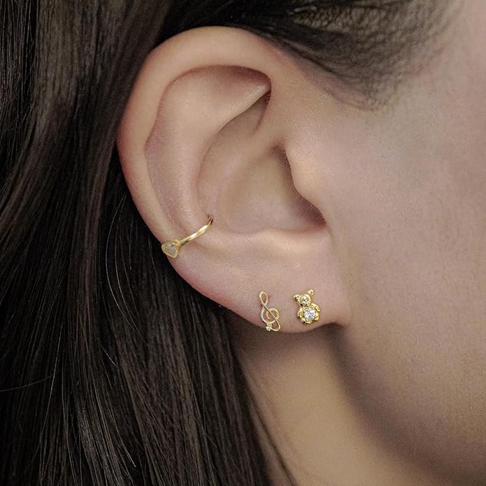 Anygolds 14K Solid Gold Ear Cuff Ring for Women No Piercing, Minimalist Cartilage Earring Set, Fake Piercing Clip On Earcuff - Heart, Crown, Flower Designs