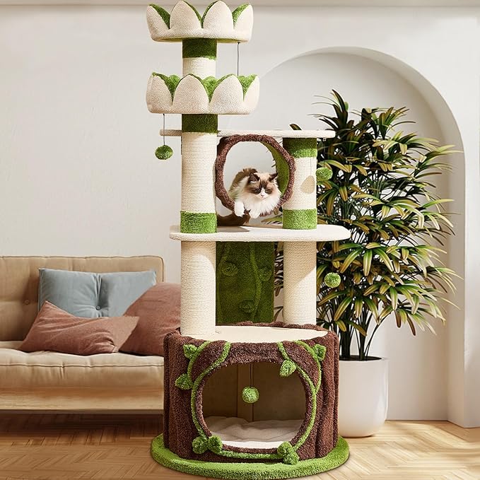 73‘’ Tall Flower Cat Tree for Indoor Cats Large Adult, Luxury Cat Tower with Scratching Post, Heavy Duty Modern Cat Furniture for Large Cats, Removable Mats, Multi-Level Cat House with Toy Ball-PurrikoPets
