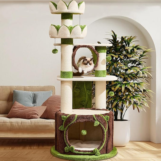 73‘’ Tall Flower Cat Tree for Indoor Cats Large Adult, Luxury Cat Tower with Scratching Post, Heavy Duty Modern Cat Furniture for Large Cats, Removable Mats, Multi-Level Cat House with Toy Ball-PurrikoPets