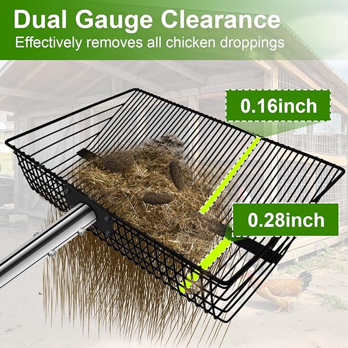 12inch Large Chicken Poop Scooper，2 Widths of Slots Litter Sifting Shovel （23 to 66"），Chicken Coop Litter Scoop with Stainless Steel Handle, 4 in 1 Multifunctional Heavy Duty Chicken Coop Accessories-PurrikoPets