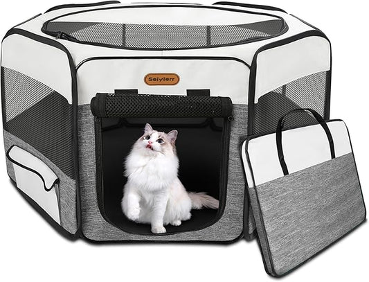 Dog Playpen, Portable Pet Play Pen Foldable Carrying Case, Puppy Pens Outsid for Small Cat Indoor/Outdoor, Removable Mesh Shade Cover-PurrikoPets