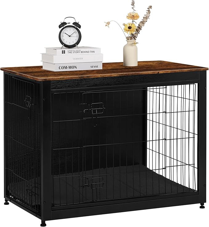 DWANTON Dog Crate Furniture with Cushion, Wooden Kennel Table with Double Doors, Indoor Dog House, Large Size, 38.5" L, Black+Rustic Brown-PurrikoPets