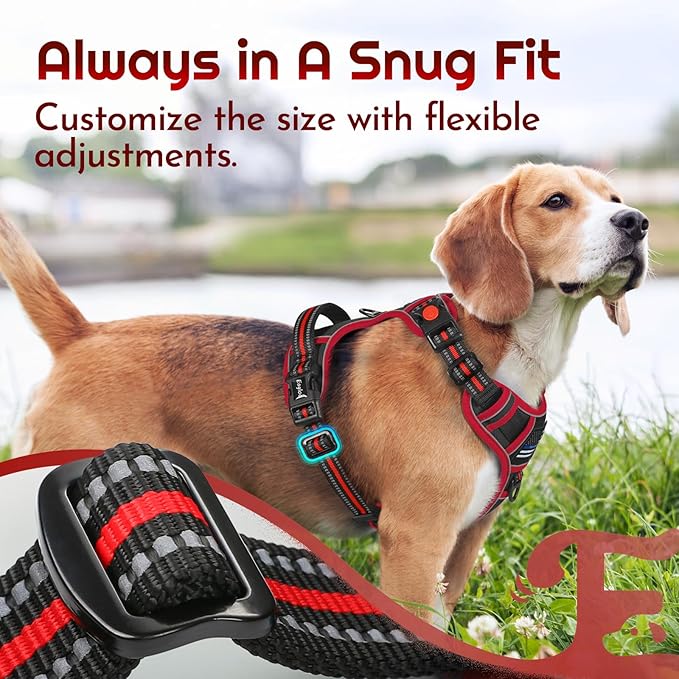 Eagloo Dog Harness Medium Sized, Easy Wearing with 3 Buckles, Adjustable No Pull Pet Harness with 2 Rings for Walking, No Chock Reflective Soft Padded Vest with Control Handle, Black & Red, M-PurrikoPets