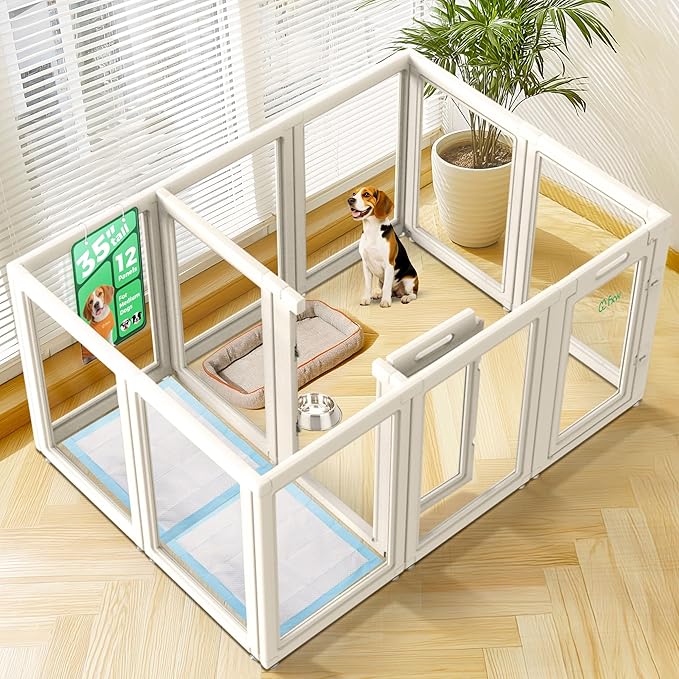 FXW AuraSpace Acrylic Indoor Unleashed Dog Playpen for Medium Dogs, 35 Inch, 12 Panels, White-PurrikoPets