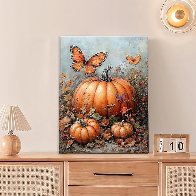 Fall Pumpkin Pictures Wall Art, Rustic Thanksgiving Bathroom Wall Decor, Farmhouse Autumn Butterfly Framed Painting Canvas Artwork for Harvest Gift Bedroom Living Room Decorations 20"L x 16"W-PurrikoPets