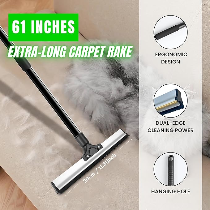 2025 Dual-Edge Carpet Rake for Pet Hair Removal & Fluffing Matted Carpet – 61" Adjustable Handle, Deep Clean Dog & Cat Hair Remover, Reusable Scraper for Rugs, Low Pile Carpet, Couch & Stairs-PurrikoPets