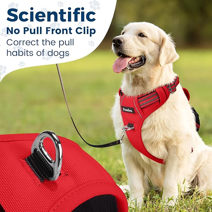 Funfox Dog Harness No Pull, Adjustable Pet Vest Harness, Super Soft Material with Vertical Handle Easy Control, Reflective Night Walking, 2 Leash Clips for Large Dogs, Red, L-PurrikoPets
