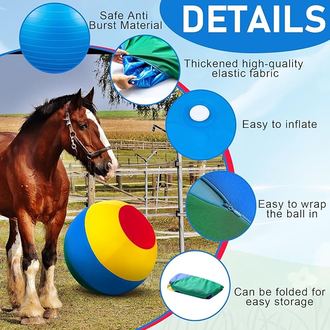 40inch Giant Herding Ball with Ball Cover Anti Burst Please Watch VCR for How to Inflation Horse Toys for Horses Stall Entertainment Play, Pump Included (Mixed Color,Classic)-PurrikoPets