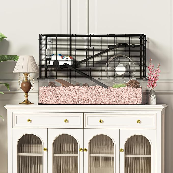 3-Tier Glass Hamster Tank, Large Hamster Cage Habitat with 11inch Big Running Wheel for Rat, Mouse, Gerbil, Syrian Hamster, 590 SQ INCHES-PurrikoPets