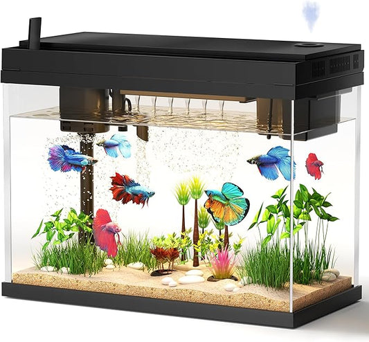Fish Tank with Desktop Humidifier, 2.38 Gallon Quiet Eco Aquarium,Smart Touch LED Light & Temperature Display, Glass Mini Fish Tank-PurrikoPets