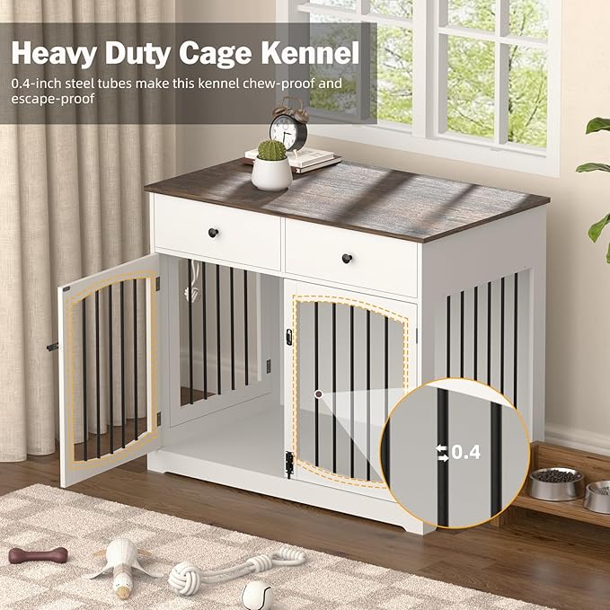 40 Inch Furniture-Style Dog Crate-Multipurpose Wood Pet Crate Furniture with Double Doors,2 Drawers, Decorative Dog House Indoor for Smal/Medium Dogs, White Finish-PurrikoPets