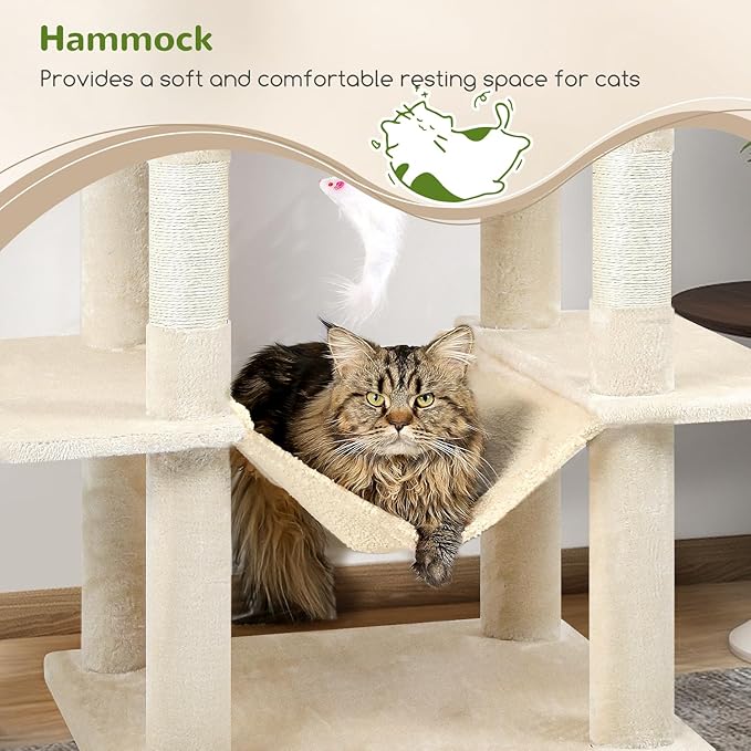Globlazer Cat Tree Tower, 76-Inch Extra Tall Multi-Level Cat Furniture with Cozy Condos, Hammock and Perches for Adult Cats, Perfect for Climbing, Scratching, and Play, F76, Beige-PurrikoPets