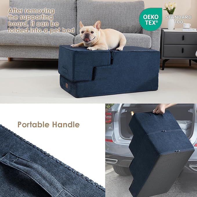EHEYCIGA Dog Stairs for High Bed 22.5" H, 5-Step Dog Steps for Bed, Pet Steps for Small Dogs and Cats, Non-Slip Balanced Pet Ramp Indoor, Navy Blue-PurrikoPets