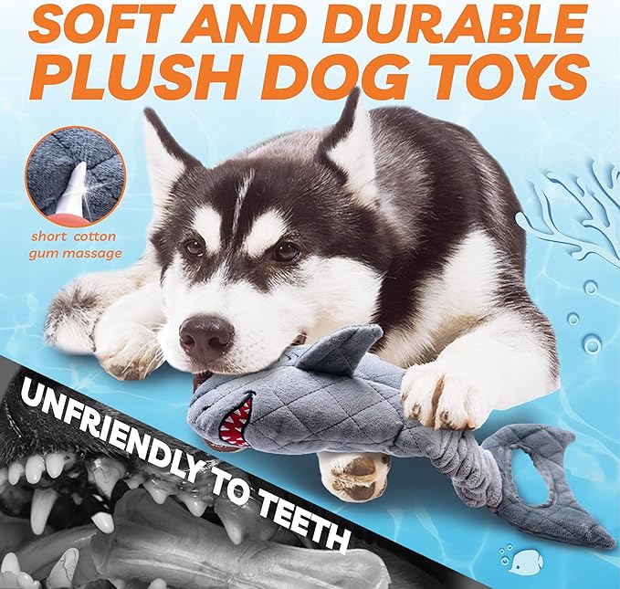 Dog Toys for Small Dogs, Squeaky Tough Dog Toys for Aggressive Chewers, Plush Dog Chew Toys for Teething, Interactive Shark Dog Toys to Keep Them Busy, Puppy Toys for Small, Medium,Large Breeds-PurrikoPets