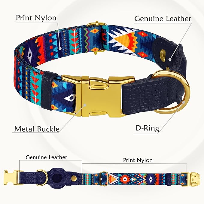 AirTag Dog Collar for Small Medium Large Breed - Adjustable Cute Pattern Dog Collar with Airtag Holder - Soft Leather Tracker GPS Apple Air Tag Pet Collars (X-Small, 9"-12" Neck Fit, Navajo)-PurrikoPets